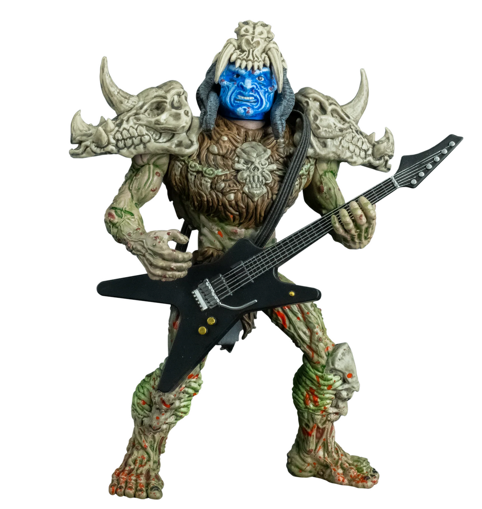 GWAR's Pustulus Maximus standing 5 inch action figure holding his guitar. 