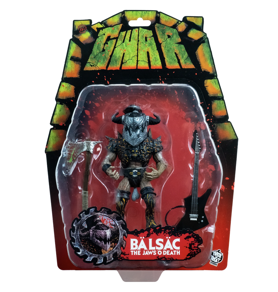  Balsac the Jaws 'O DeathAction Figure. Packaged with a backing card with red and green graphics including the band name and logo GWAR.   Complete with battle axe and guitar accessories. 