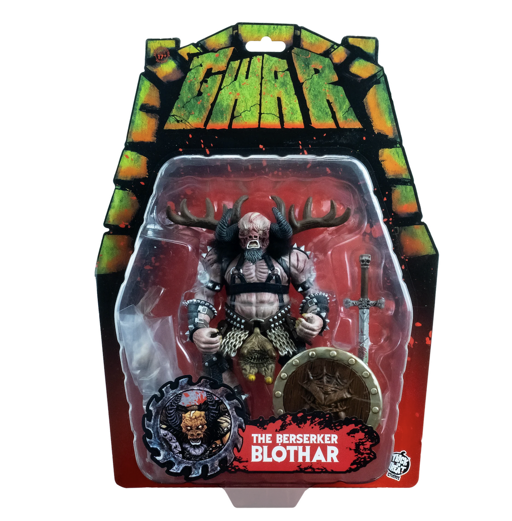  Blöthar the Berserker Action Figure. Standing roughly 5 inches tall. Packaged with backing card featuring red and green graphics to include the bands name and logo GWAR. Comes complete with sword and shield accessories. 