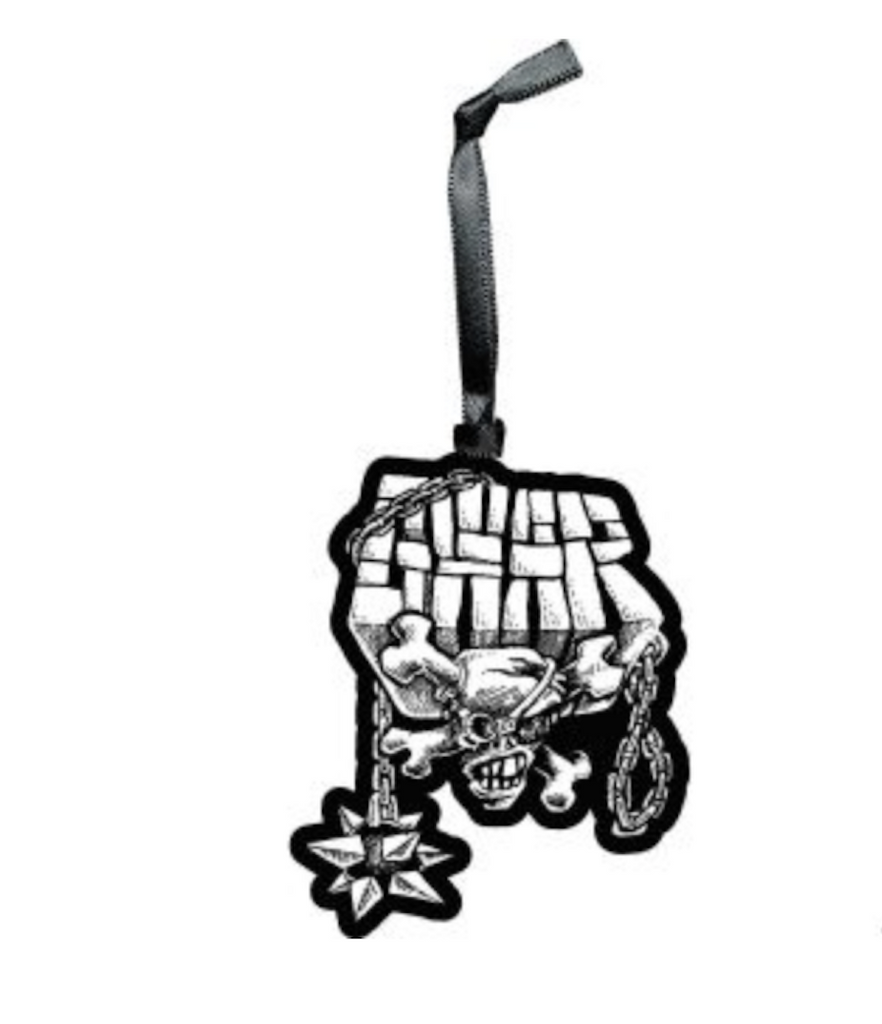 Black and white ornament with GWAR logo, skull and crossbones and a mace on the end of chain. 