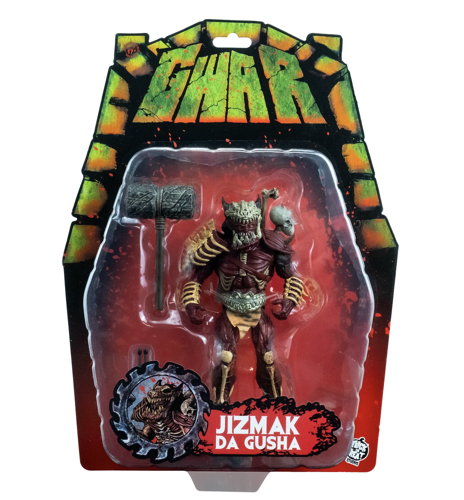 GWAR Jizmak Da Gusha standing action figure at roughly 5 inches tall.  Jizmak Da Gusha comes complete with war hammer and drumstick accessories. Packaged on a backing card with red and green graphics which include the bands  name GWAR