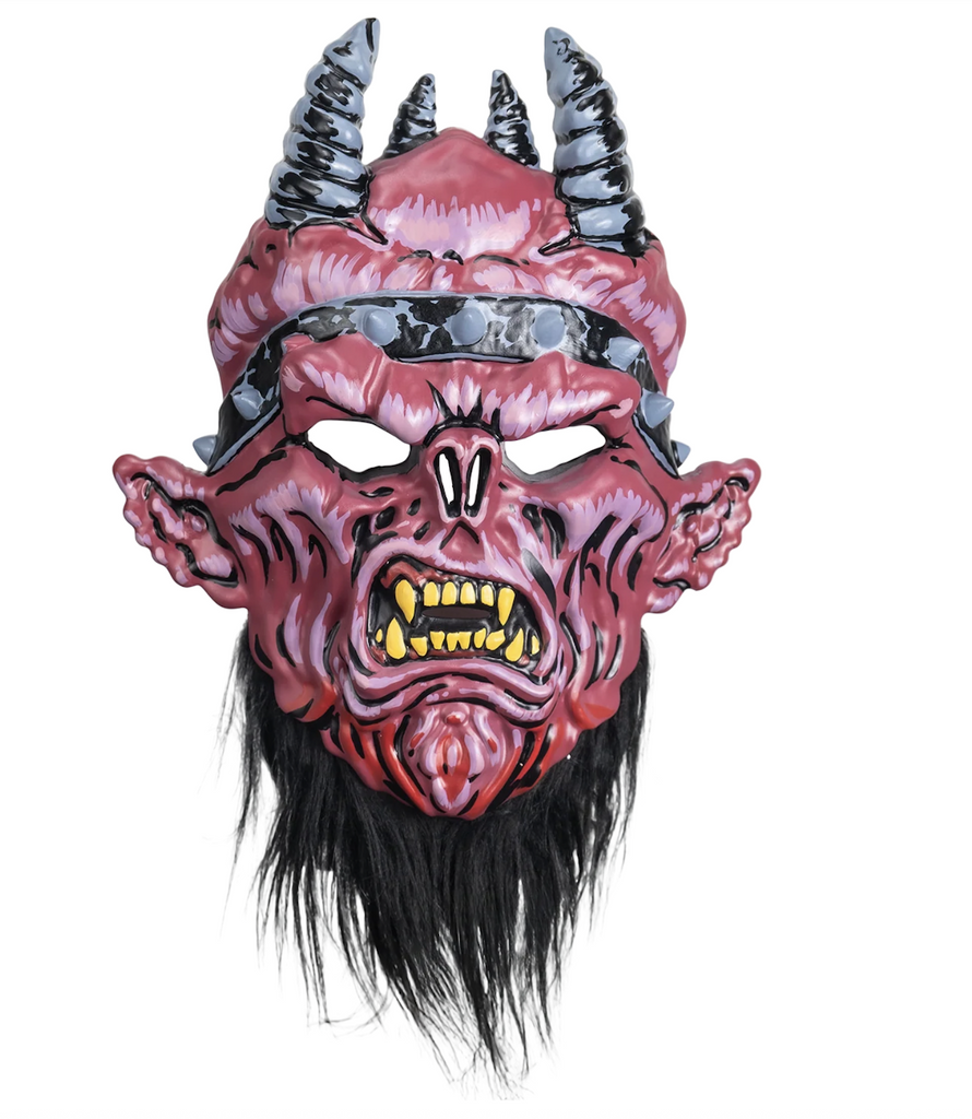 Retro designed plastic molded mask of Oderus Urungus from GWAR. With red face, three horns and long black beard. 