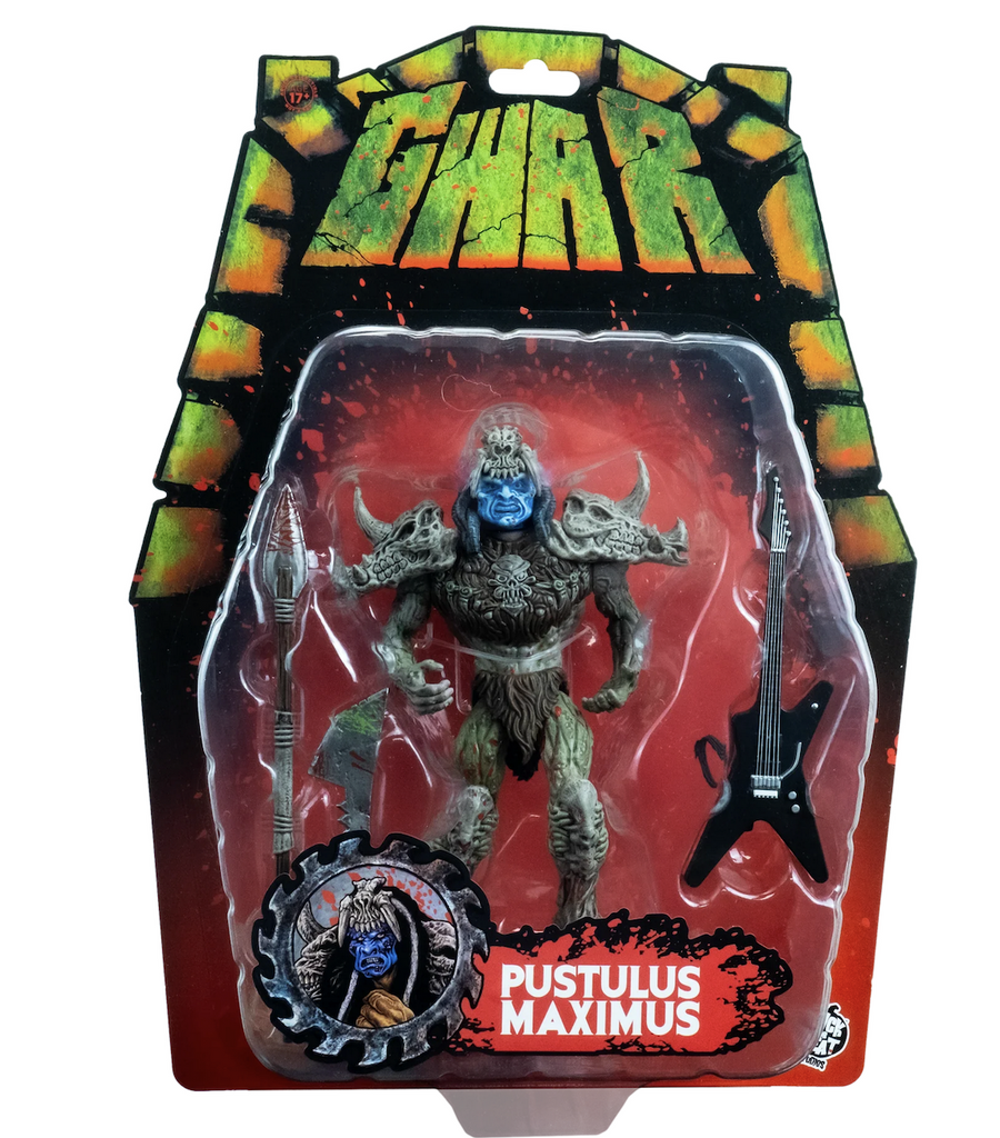 Pustulus Maximus from GWAR as a highly detailed action figure complete with spear, dagger and guitar accessories. Packaged on a red and green backing card with band graphics. 