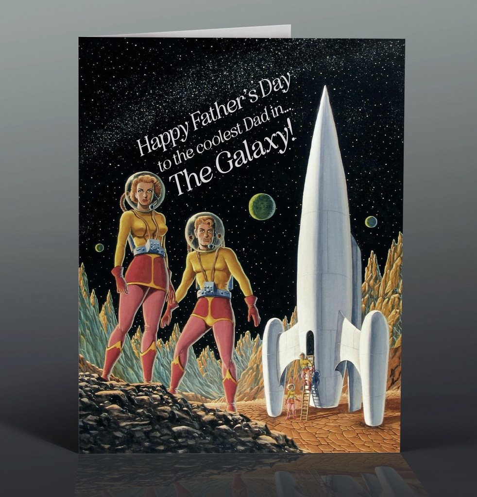 Greeting card that reads "Happy Father's Day to the coolest Dad in the Galaxy!" with illustration of retro astronauts coming out of a rocketship on a new planet. 