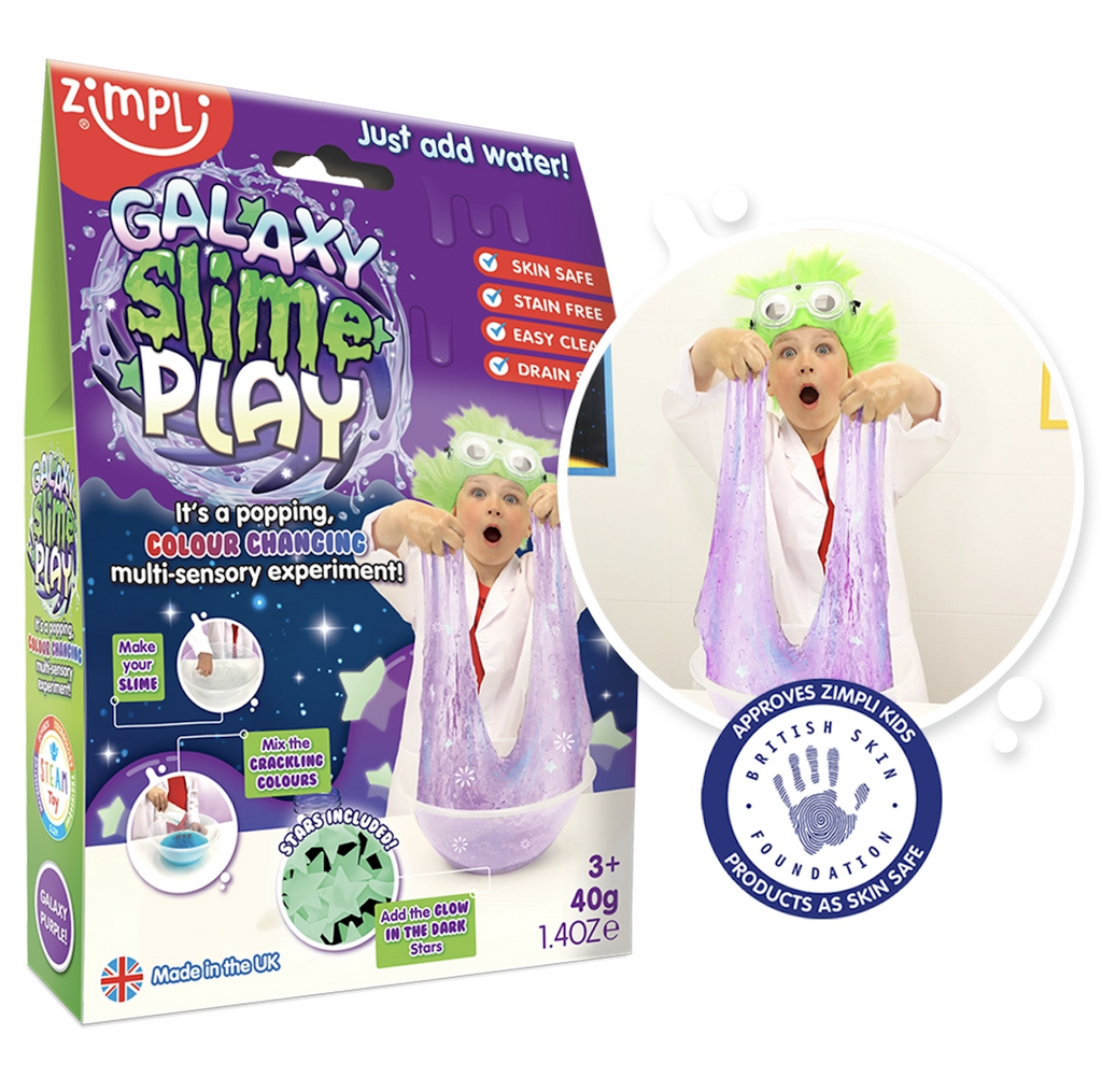 Galaxy Slime DIY Crackling Slime Science package with a picture of a kid dressed as a mad scientist playing with the slime he made from the kit. 