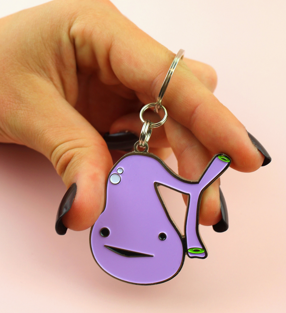 Gall bladder shaped purple enamel keychain with silver keyring.