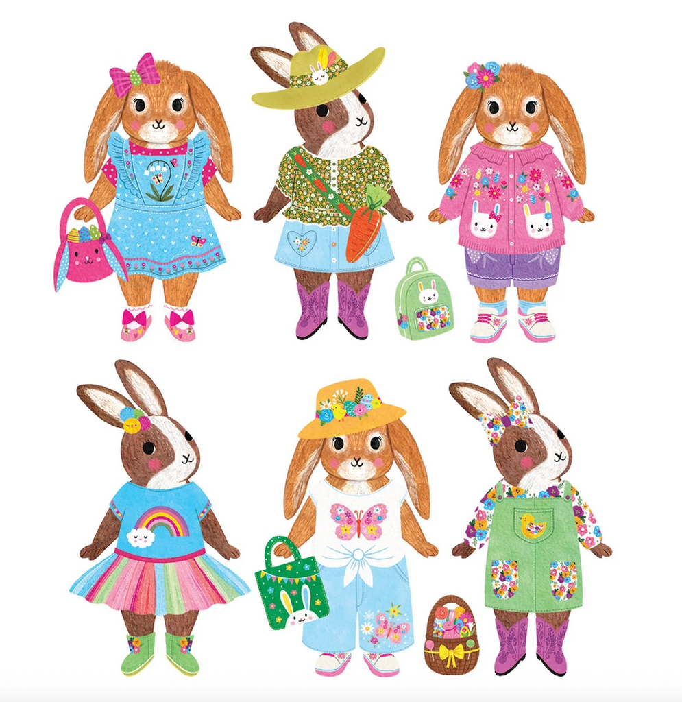 Set of six magnetic bunnies dressed in various outfits from the Garden Bunnies Magnetic Dress Up set. 