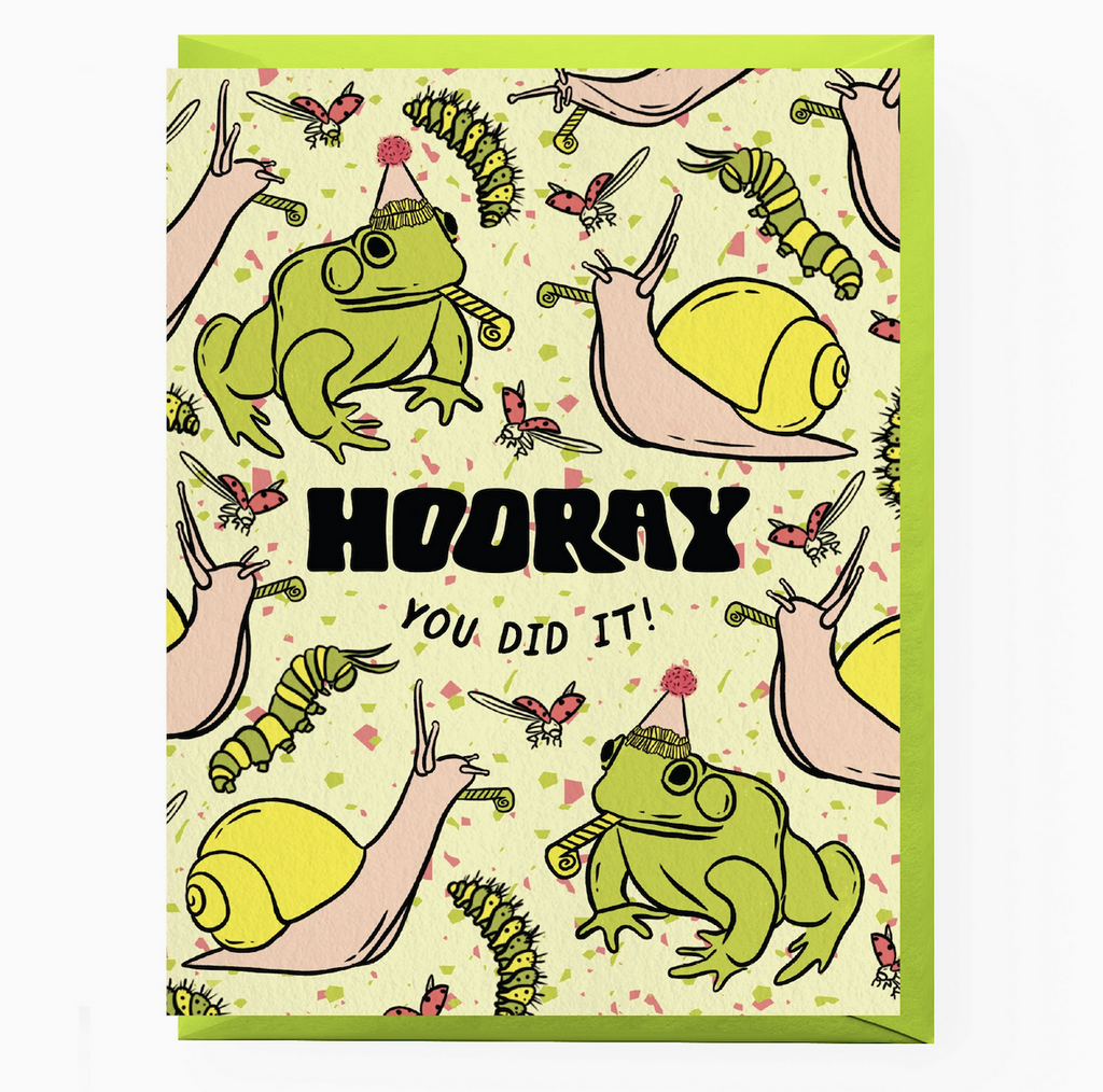 Greeting card with colorful drawings of frogs, snails, caterpillars and flying insects wearing party hats that reads "Hooray You Did It!" 
