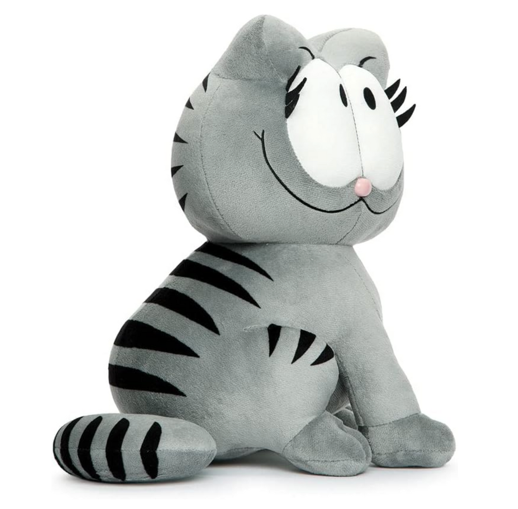 Nermal Garfield plush in a seated position viewed from the side to show grey fur with black markings on his back.