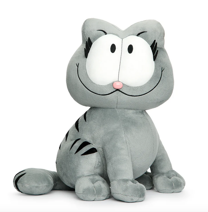 Grey Nermal Garfield plush in a seated position with a big smile and eyelashes accenting it's eyes.
