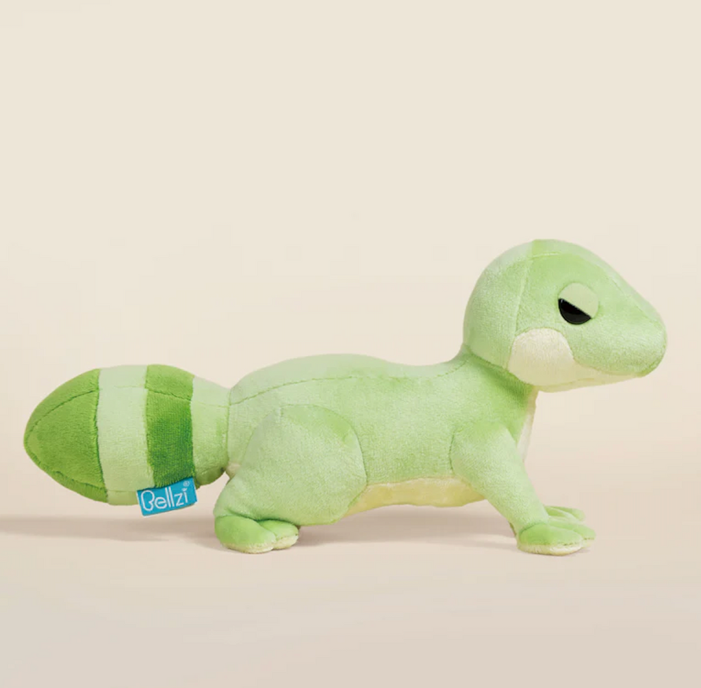 Gecki the Gecko plush viewed from the side. 