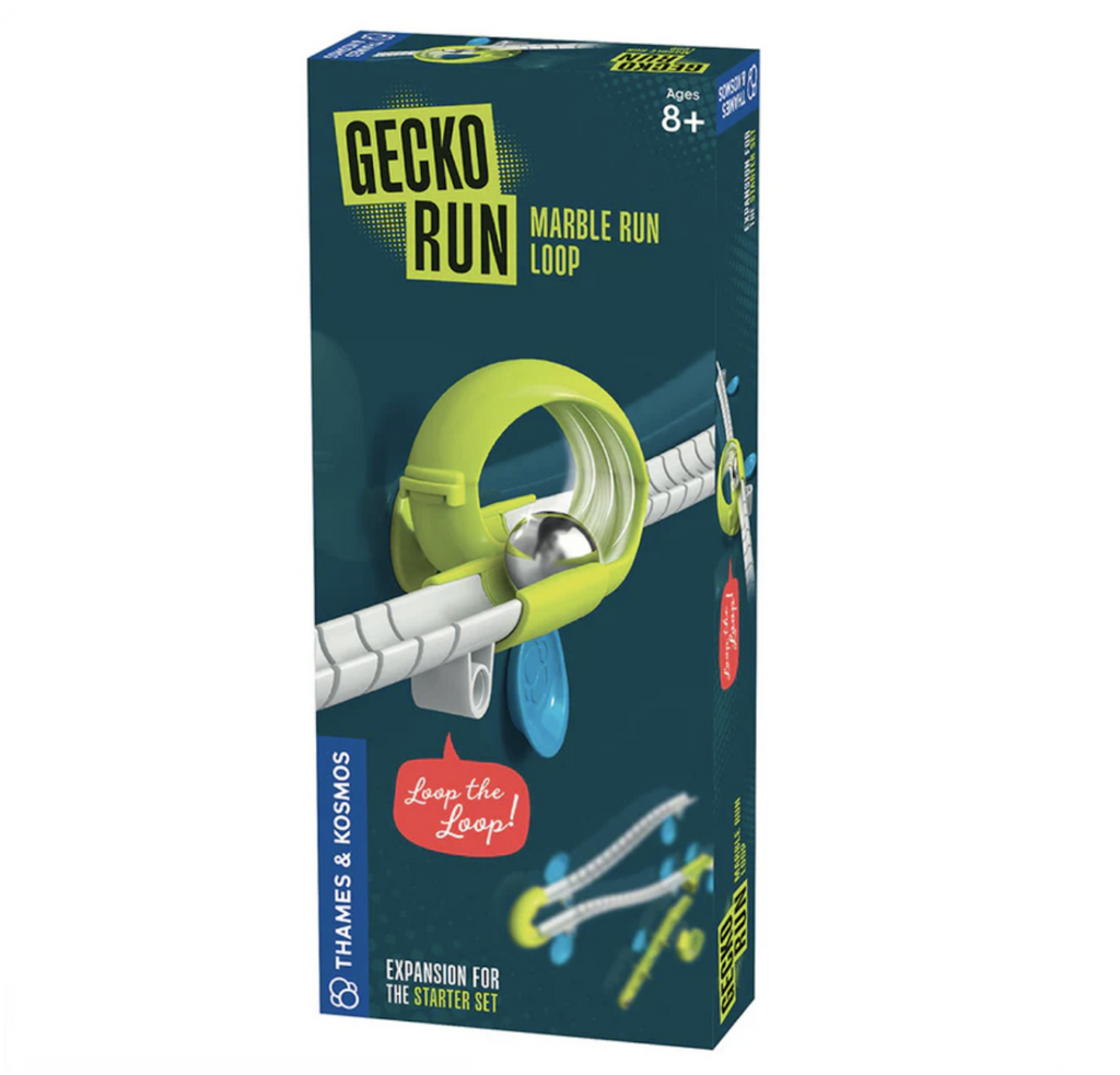 Gecko Run Marble Run Loop box with a close up picture of the loop piece included in the expansion pack. 