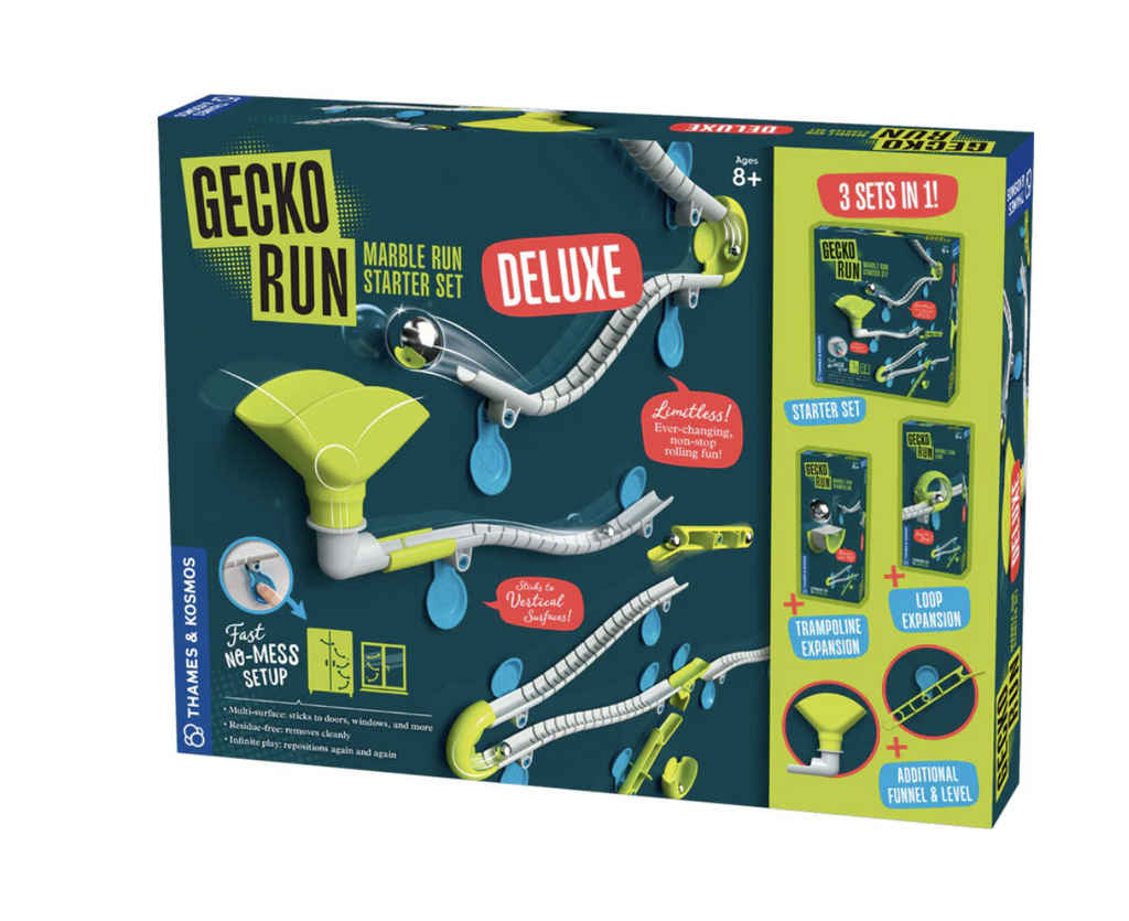 Gecko Run Marble Run Starter Set box with the tracks and funnels set up in an configuration. 