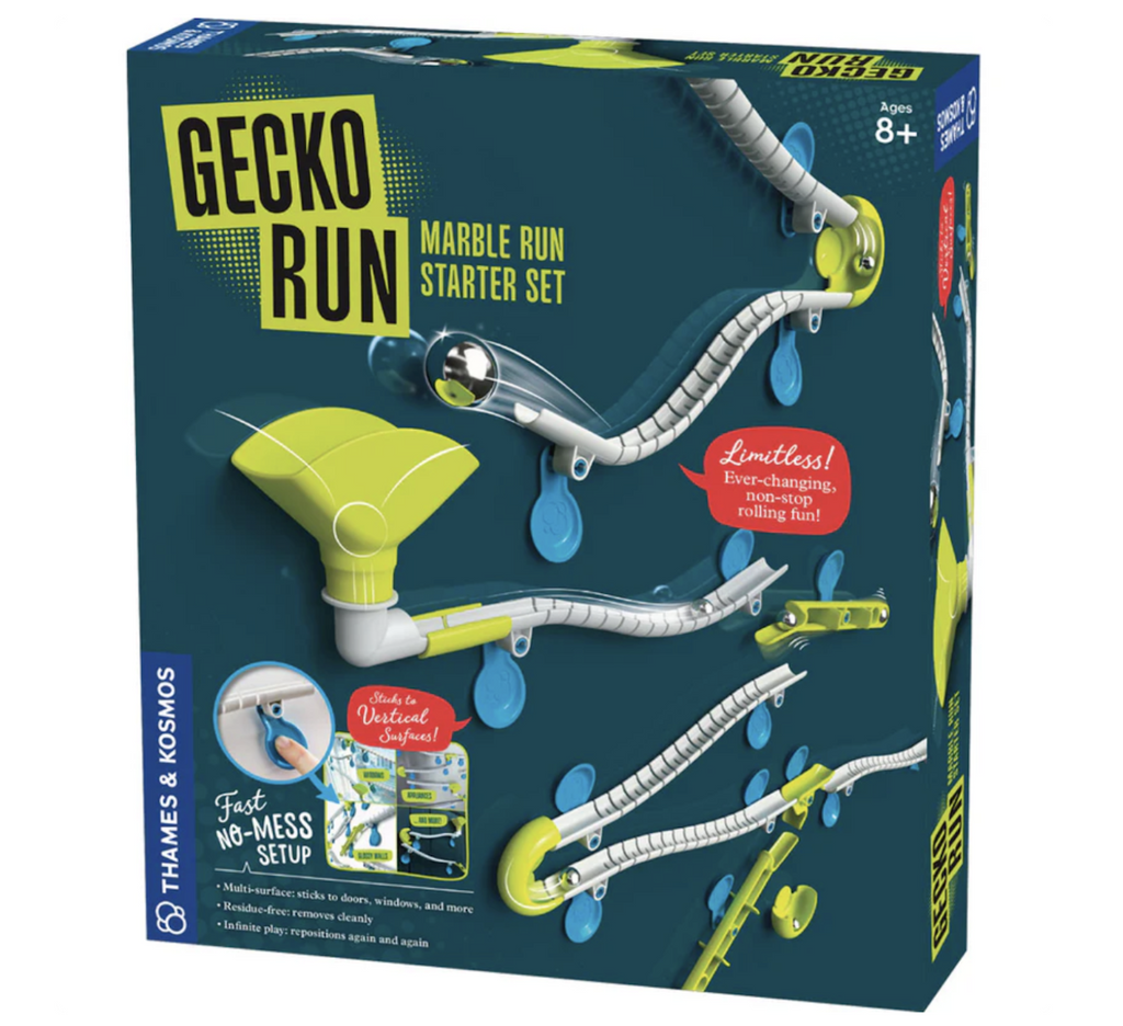 Gecko Run Marble Run Starter Set box with with the flexible track set up in a free form configuration. 