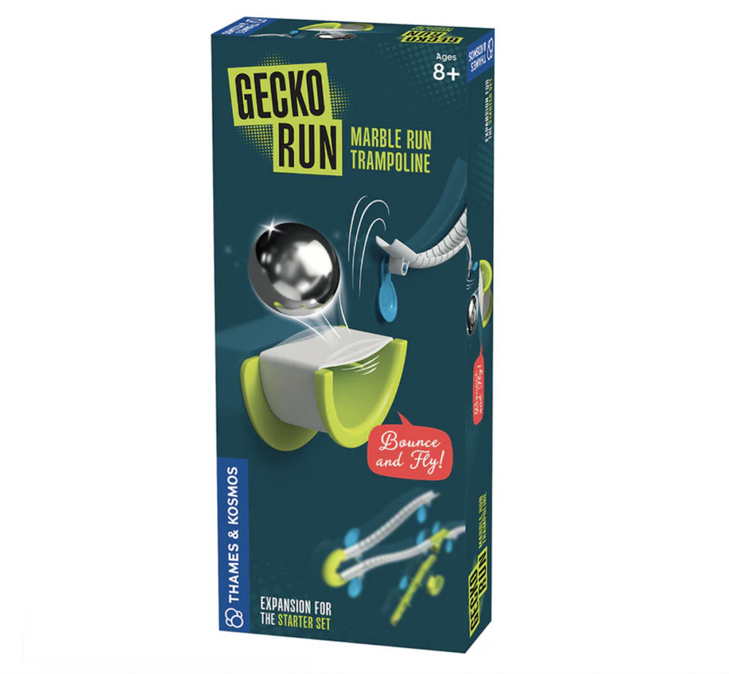 Box with pictures of the pieces included in the Gecko Run Trampoline Expansion Pack. 