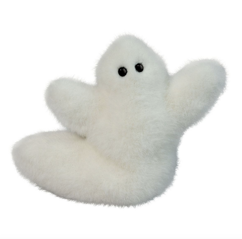 Plush white ghost with shiny black eyes. 