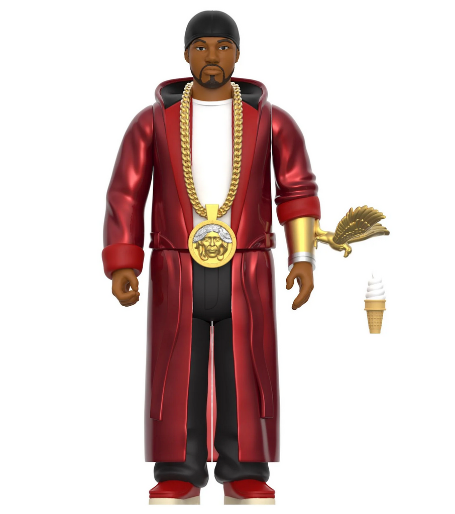 Ghostface Killah Toney Starks action figure wearing a red satin robe, giant gold medallion and gold wrist cuff with an eagle perched on it. He comes with a soft serve ice cream cone accessory. 