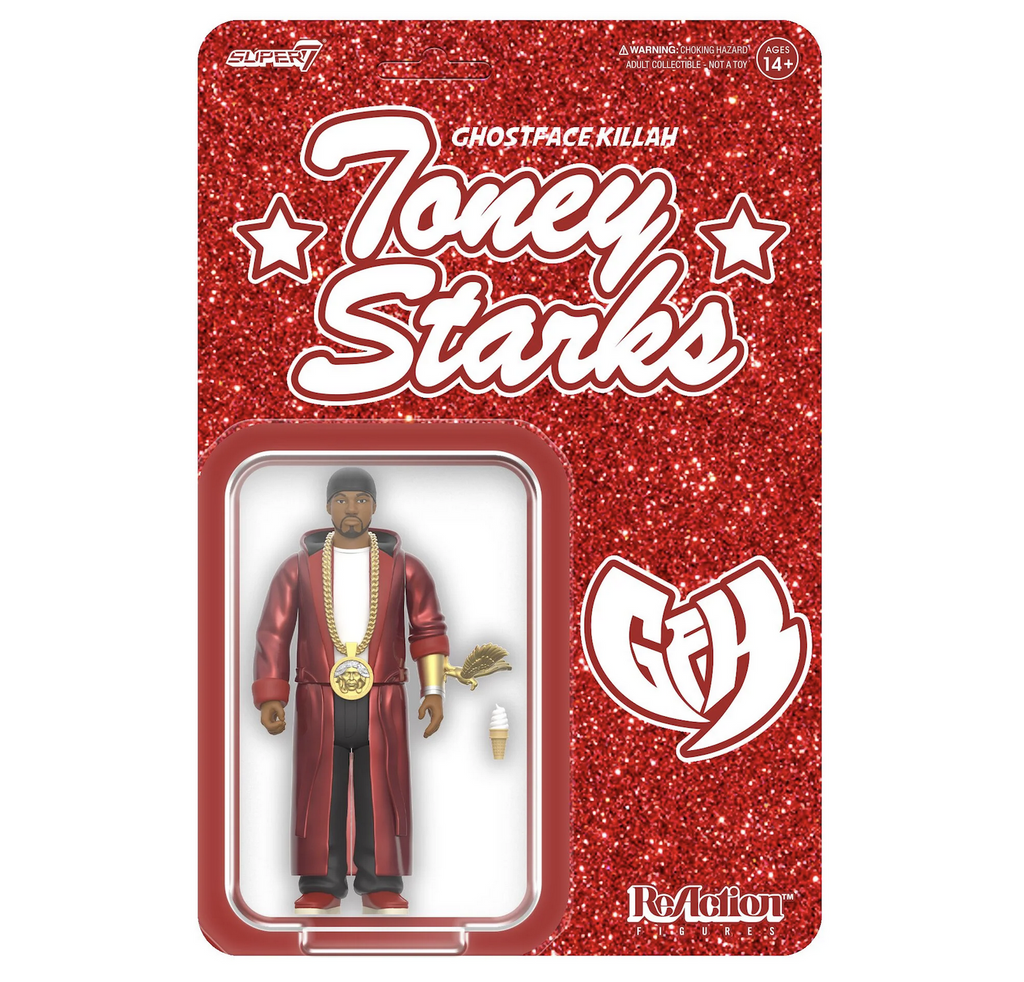 Ghostface Killah Toney Starks figure packaged on a glittery red hang card with white lettering. 