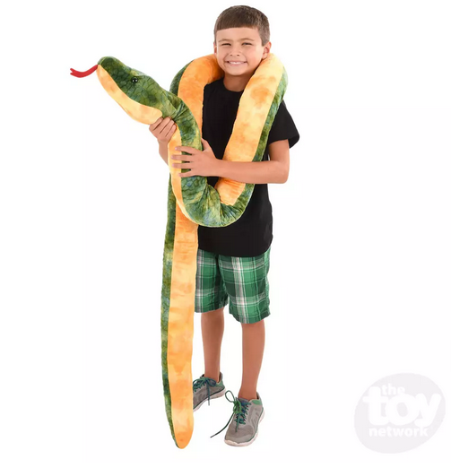Thegiant plush anaconda draped over a child's shoulders to show how large it is. 