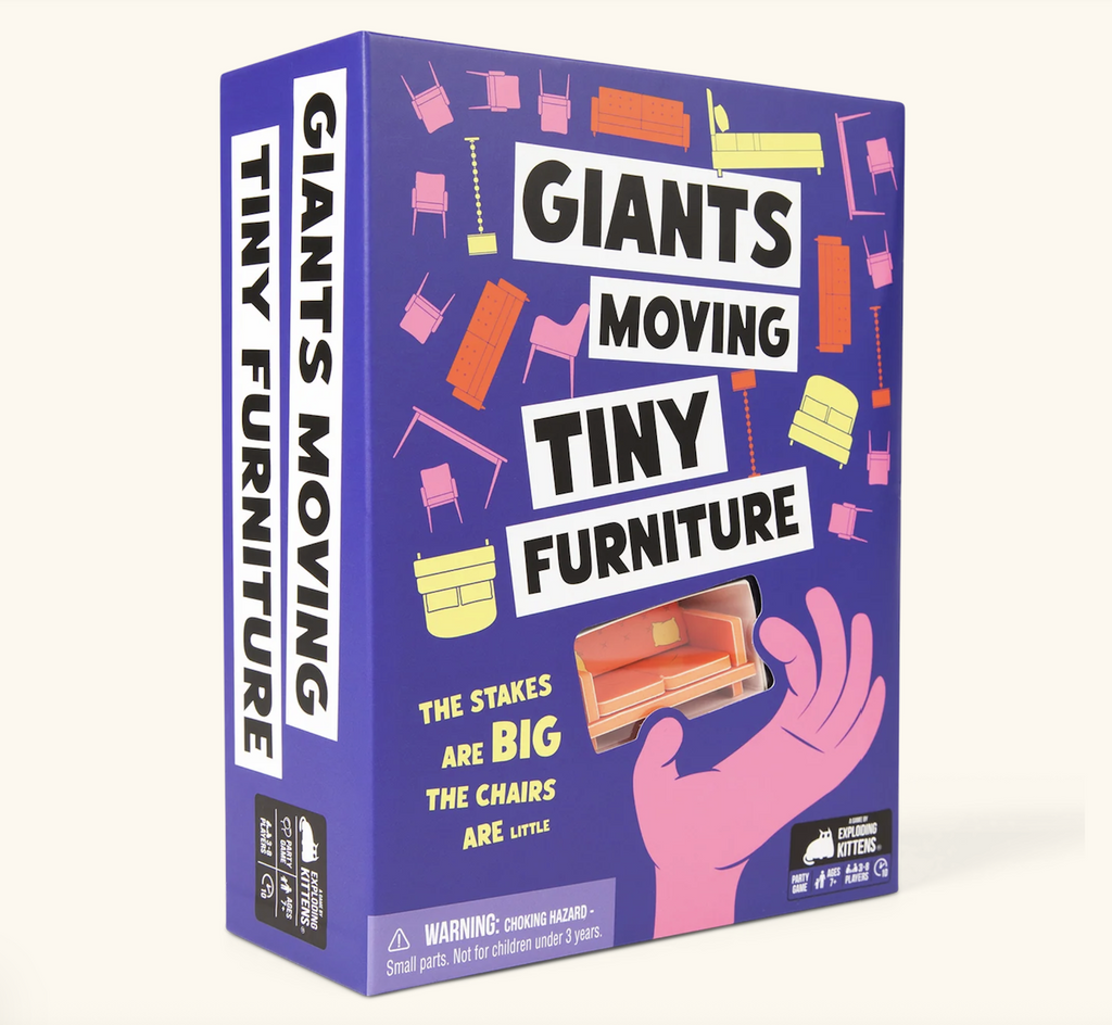 Purple box with illustrations of chairs and other furniture being held up with a hand and large text that reads "Giants Moving Tiny Furniture" which is the title of the game. 
