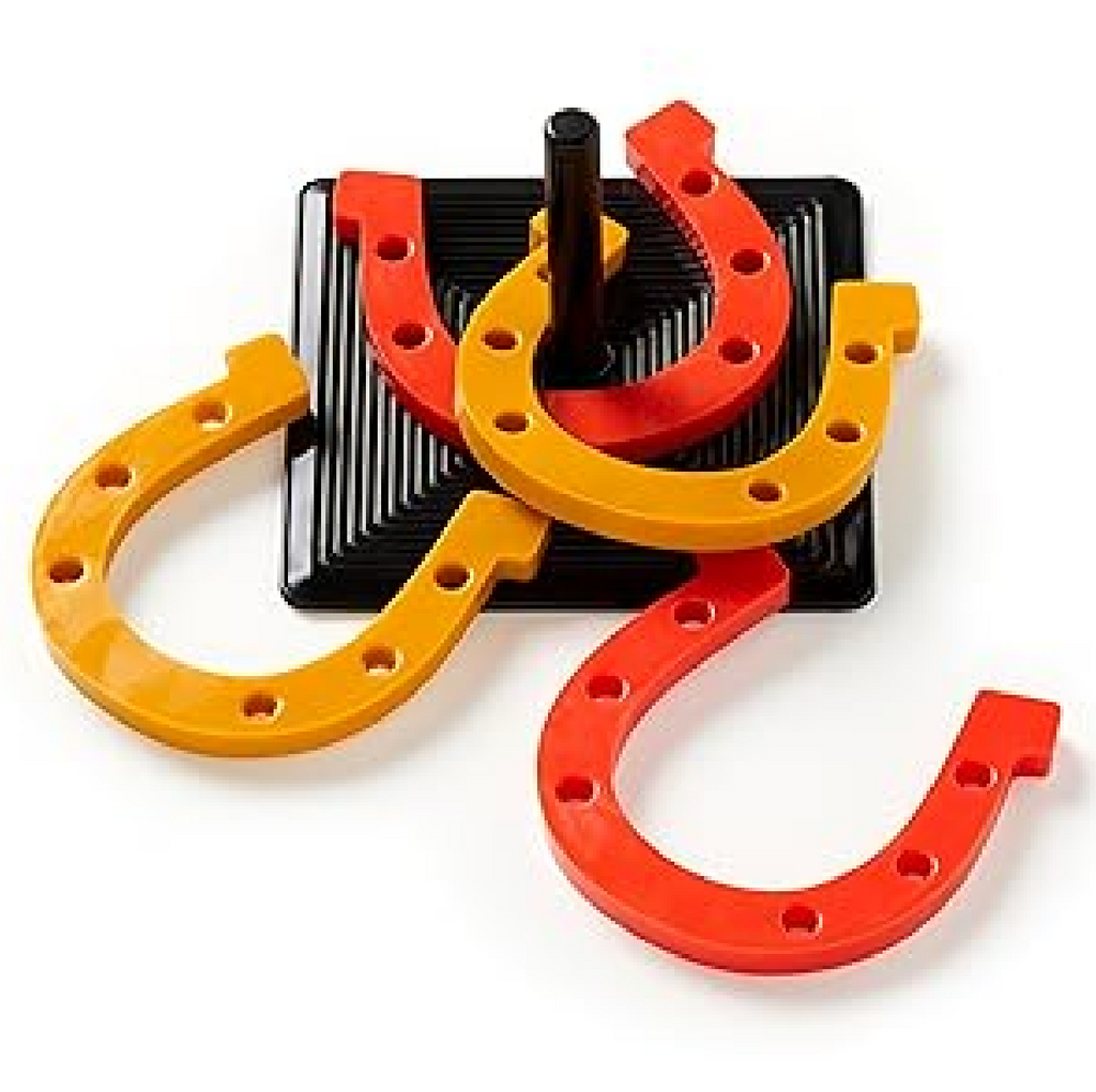 Rubber horseshoes and peg used in the Giddy Up Mini Horseshoe game. 