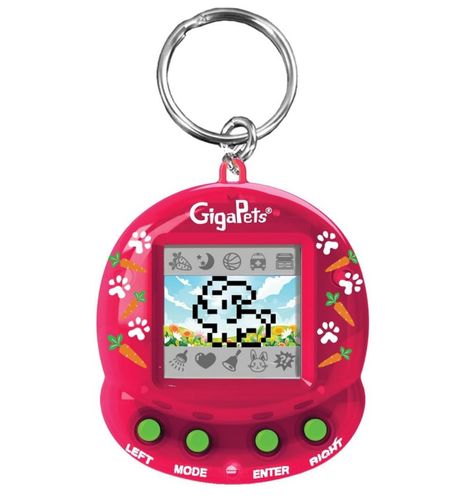Red GigaPet with carrots and bunny prints as well as green buttons and a silver keyring. 