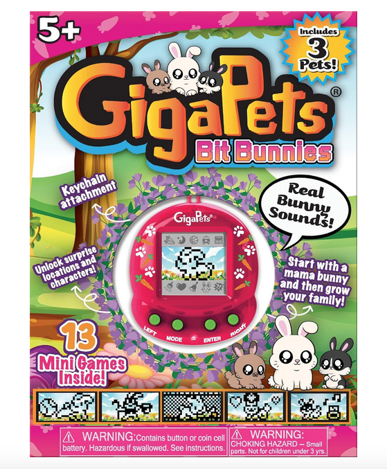 GigaPets Bit Bunnies in colorful packaging with illustrated bunnies and a clear windoe to view the GigaPet. 