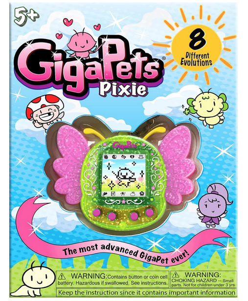 GigaPets Pixie in a colorful package featuring illustrated pixies and a clear blister pack showing the green GigaPets with pink wings.