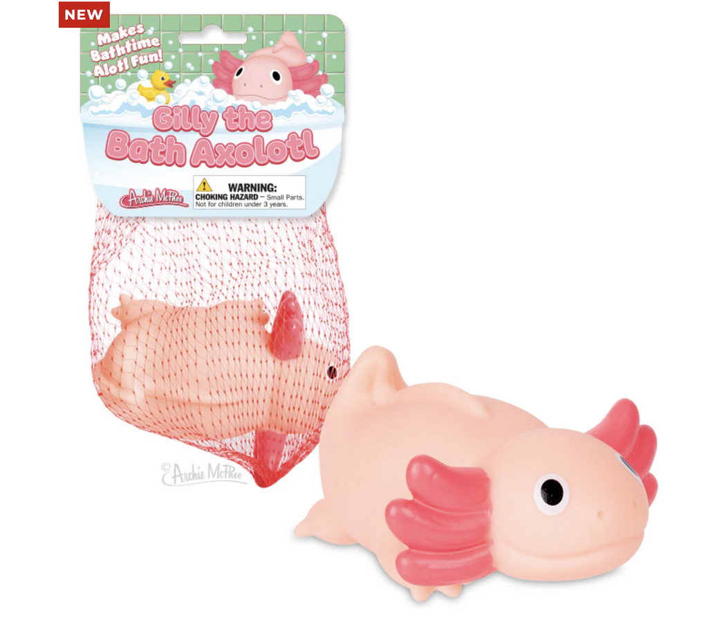 Pink axolotl bath toy on a white background.