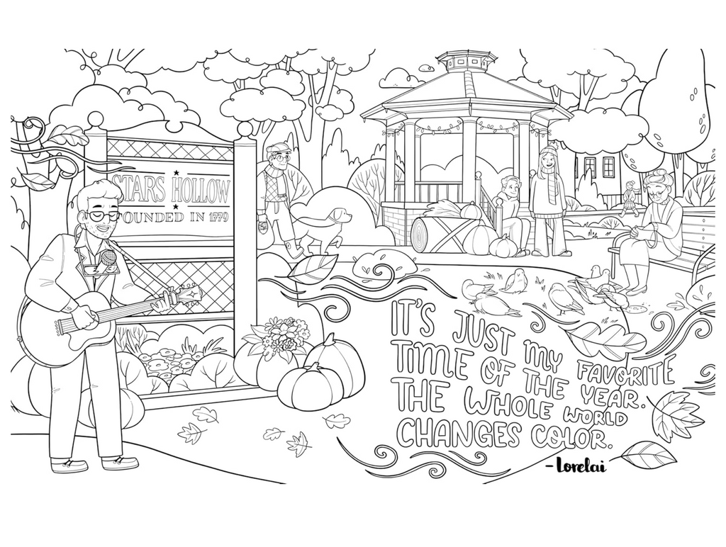 Coloring page with a scenic background, people, and text, featuring a guitar player and a gazebo.