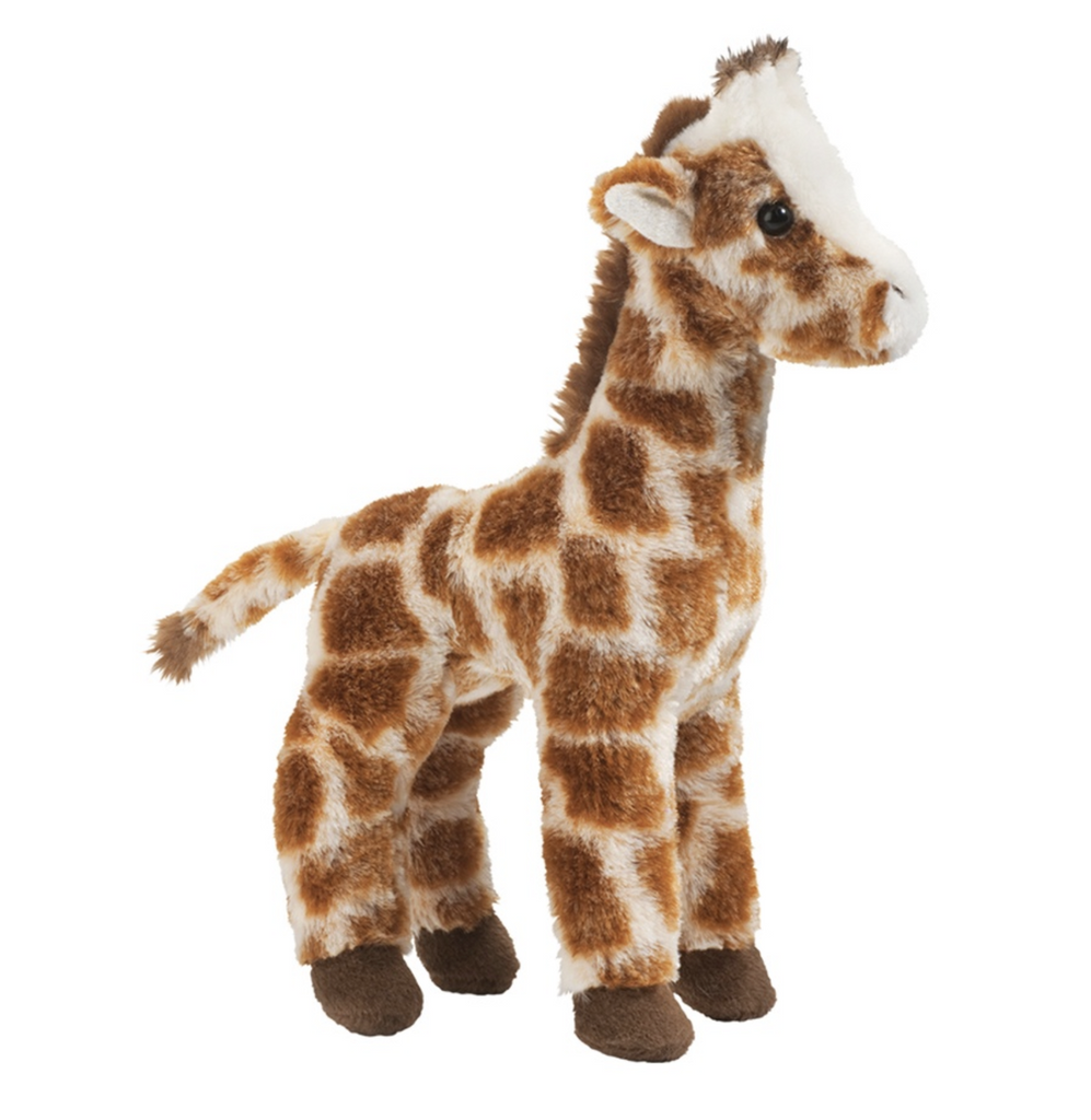 Little giraffe stuffed animal with orange spots on creamy fur.  Standing up to show off it's long legs and graceful neck. 