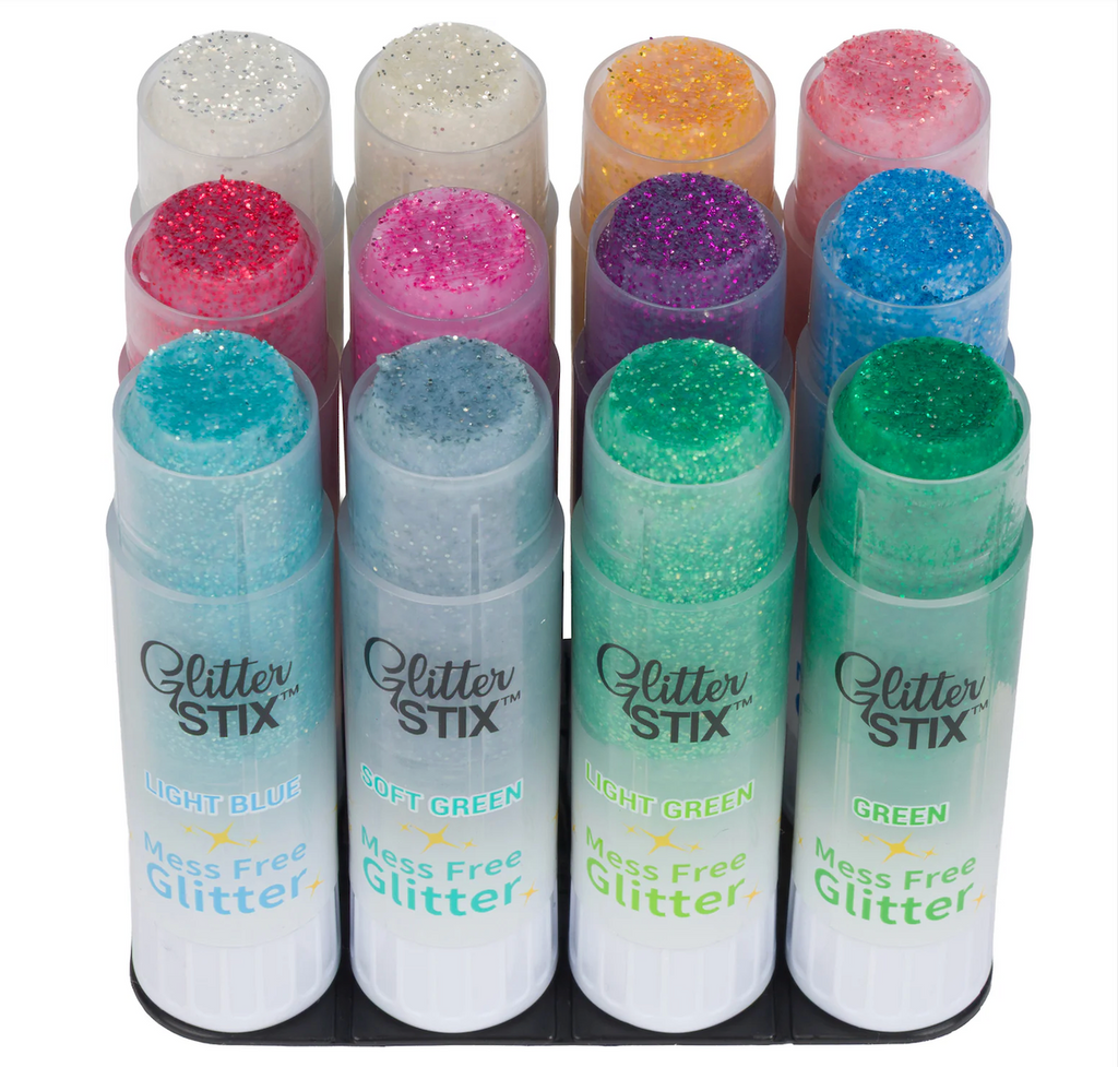 Set of 12 Glitter Stix with the tops off, viewed from above to show the vibrant colors included in the set. 