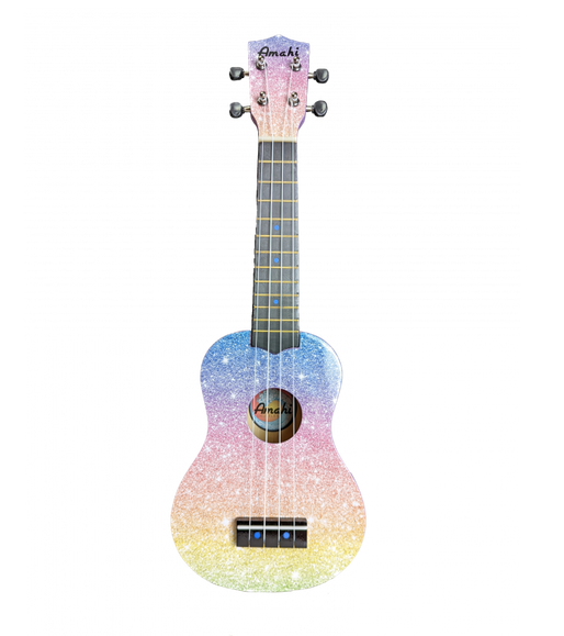 Soprano sized ukulele with a glitter rainbow design on the front of the instrument. 