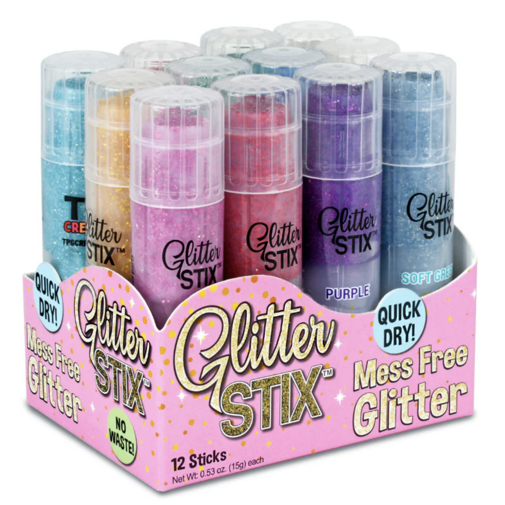 Set of 12 Glitter Stix packaged in a box that alows you to see all the mess free glitter sticks. 