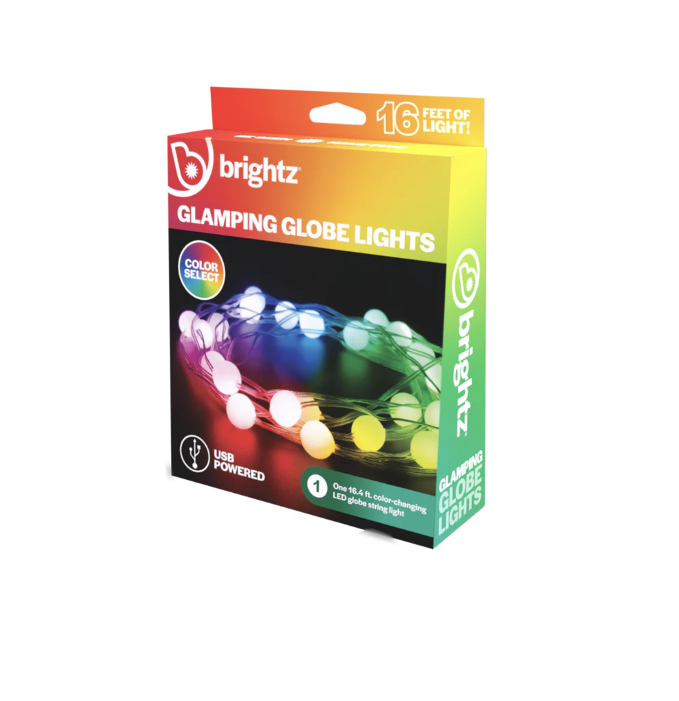 Camping Globe Lights packaged in a colorful box with the string lights pictures on the front. 