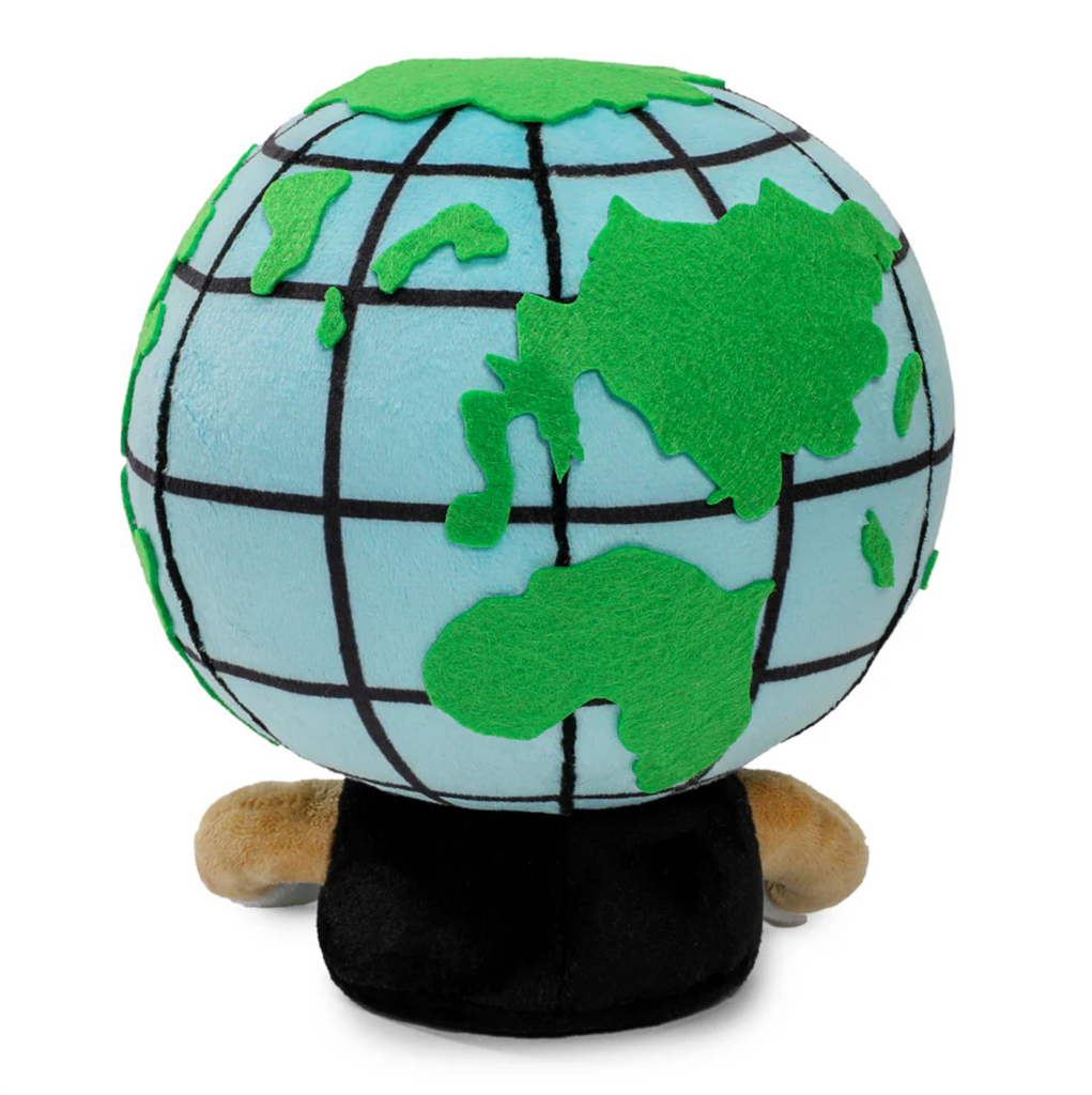 Globey Phunny Plush toy shaped like a globe with green continents on a white background. 
