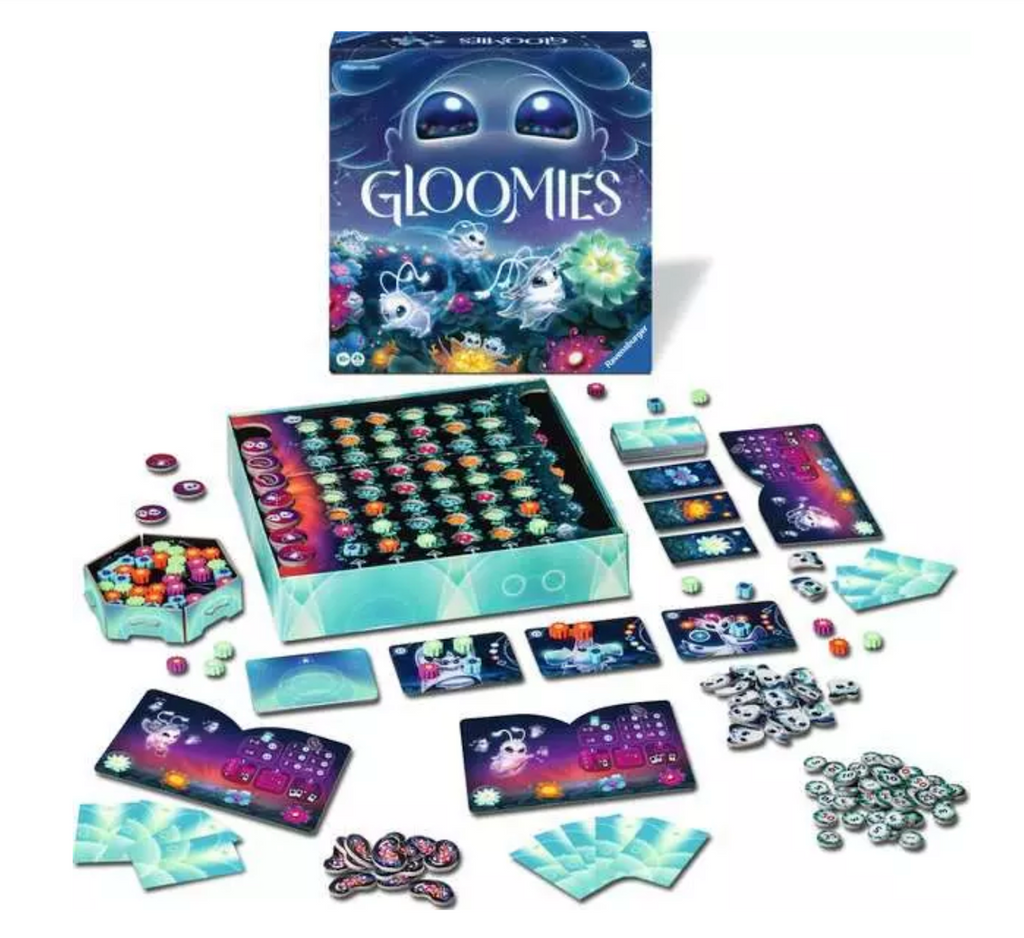 Gloomies game board with wooden flowers playing cards used in the game with beautiful illustrations that lend an atmospheric feel to the game. 