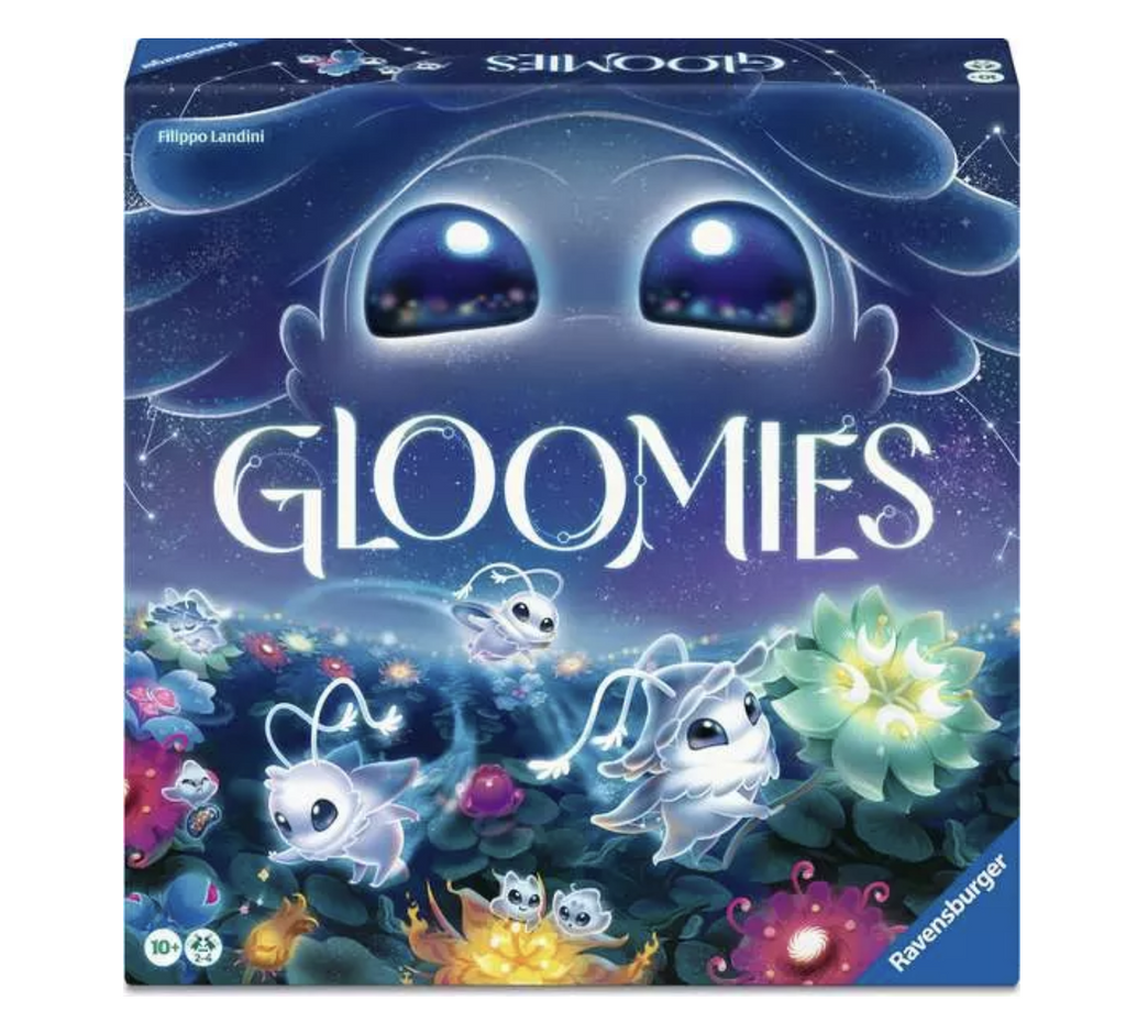Box cover for the board game Gloomies with an illustration of the little creatures from outer space that like to plant and harvest beautiful space flowers. 