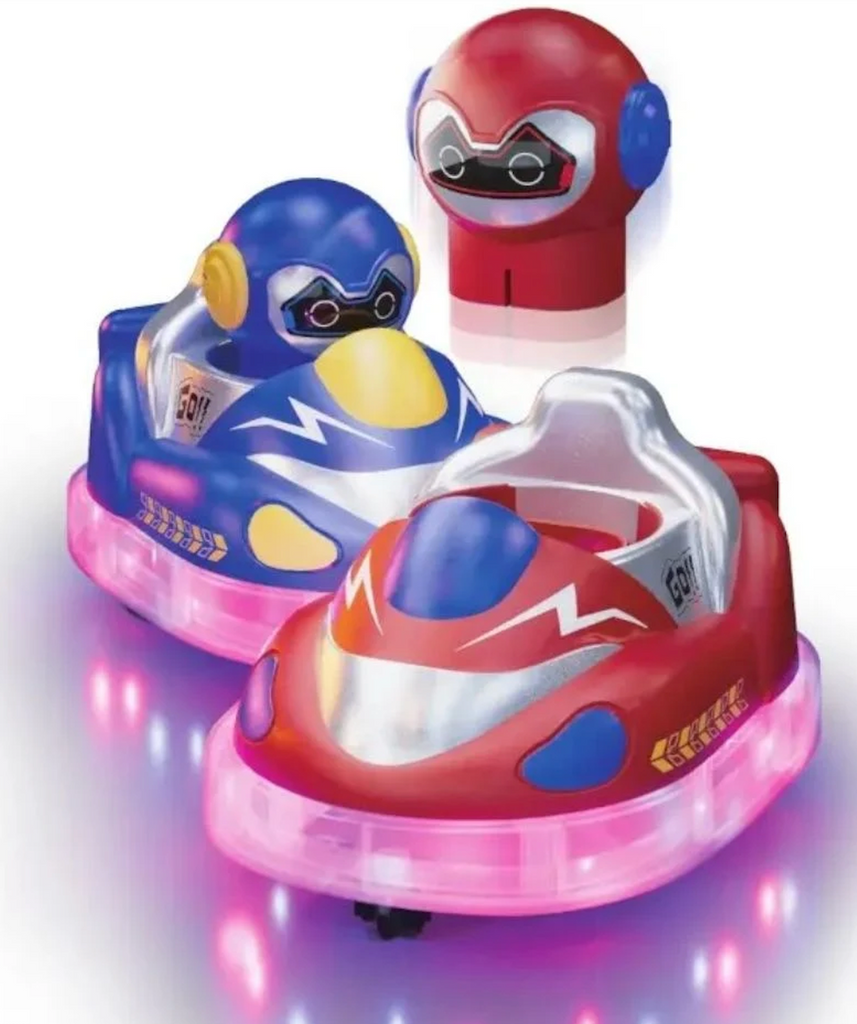 Glow Crasherz RC Cars lit up along the base of the cars with one of the drivers flying out of the car after colliding with the blue car. 