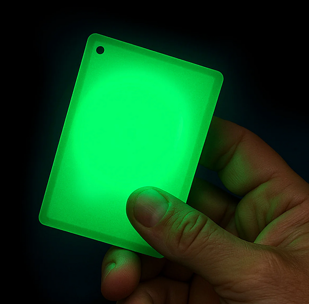 The Glow Grip Card fully charged and giving off soft light in the dark. 