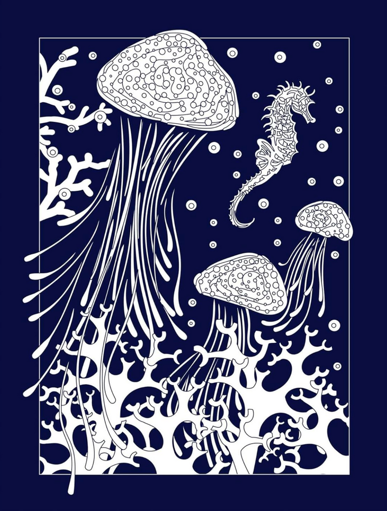 Interior page from the Glow In The Dark Coloring book of jellyfish and sea horses in the ocean. 