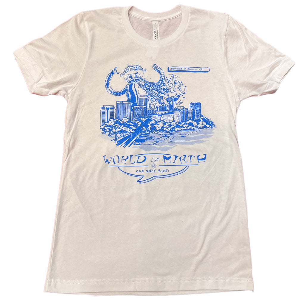 White t-shirt with screen printed image of a giant robot attacking the skyline of Richmon, VA. printed with blue glow in the dark ink. 