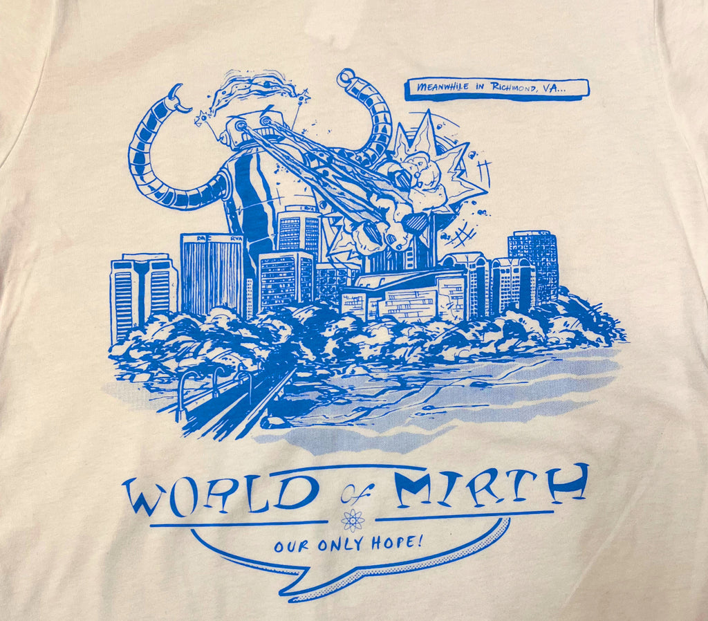 Close up view of white t-shirt screen printed with blue ink of a giant robot attacking the skyline of Richmond, VA using glow in the dark ink.