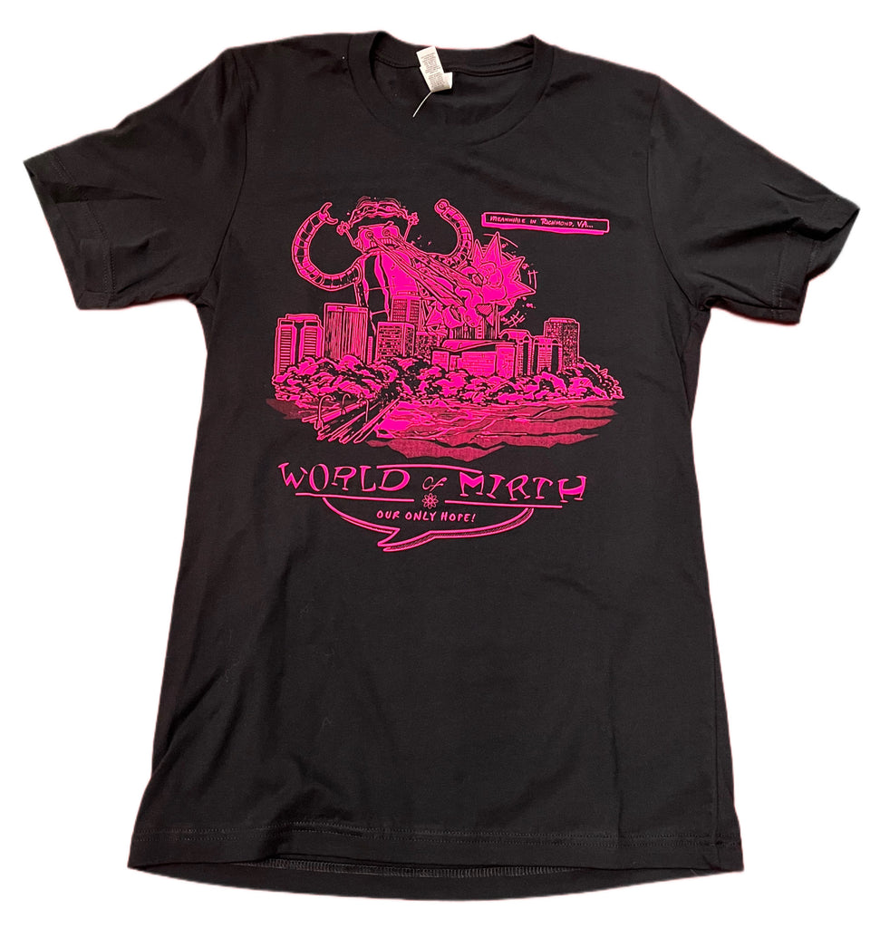 Black unisex t-shirt with bright pink screenprinted design of robot attacking the Richmond, VA skyline in glow in the dark ink.