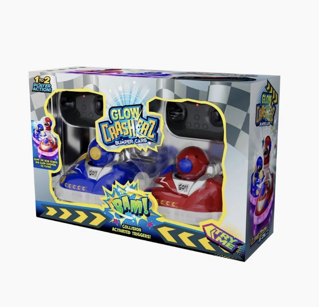 Glow Crasherz RC Bumper Cars packaged in a box with clear windows that show the 2 cars, a red and blue and the remotes above. You can also reach in and try the LED lights. 