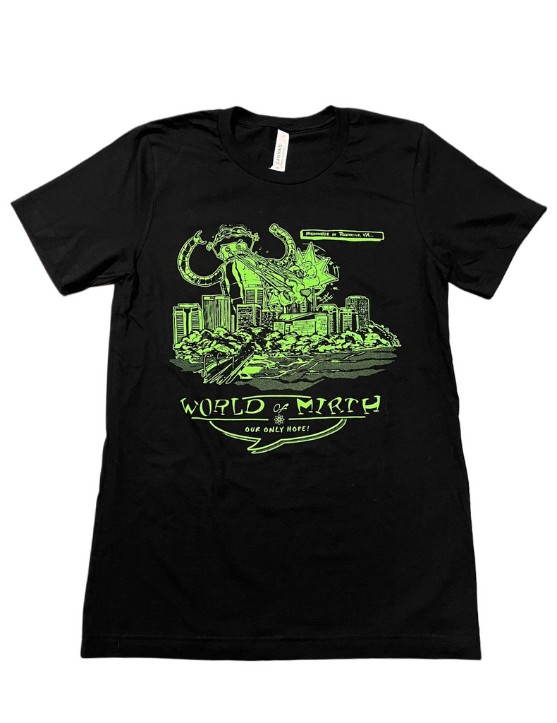 Black t-shirt with green graphics that glow in the dark of a robot terrorizing the skyline of Richmond, VA