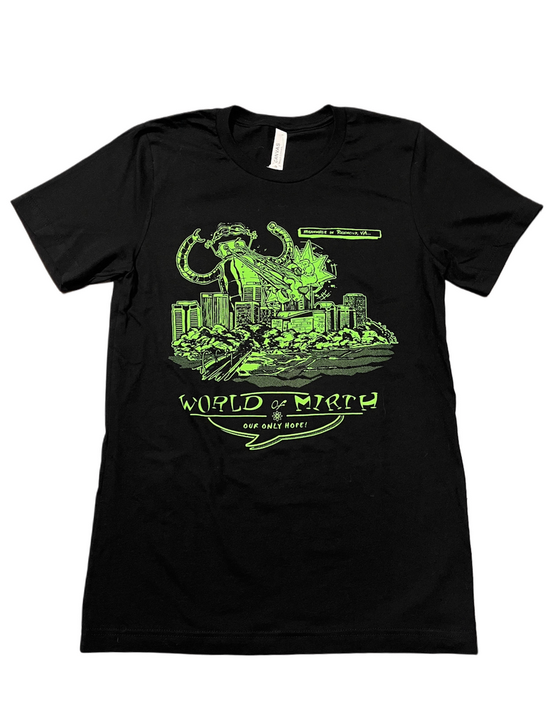 A black t-shirt with glow in the dark green graphics of a giant robot terrorizing the Richmond, VA skyline. 