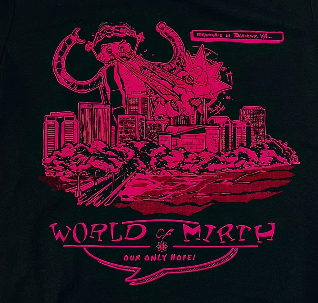 Close up view of black unisex t-shirt with bright pink screenprinted design of robot attacking the Richmond, VA skyline in glow in the dark ink.