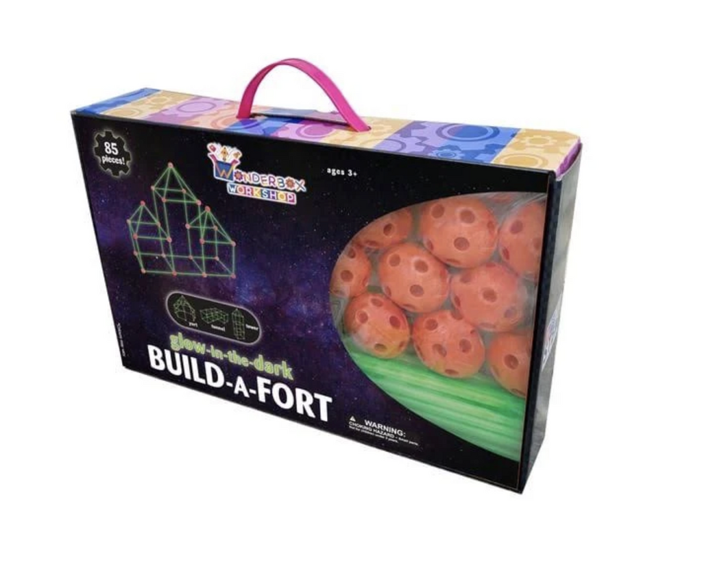 A box containing the pieces to theGlow in teh dark Build a Fort, with examples of what can be built with the set. 