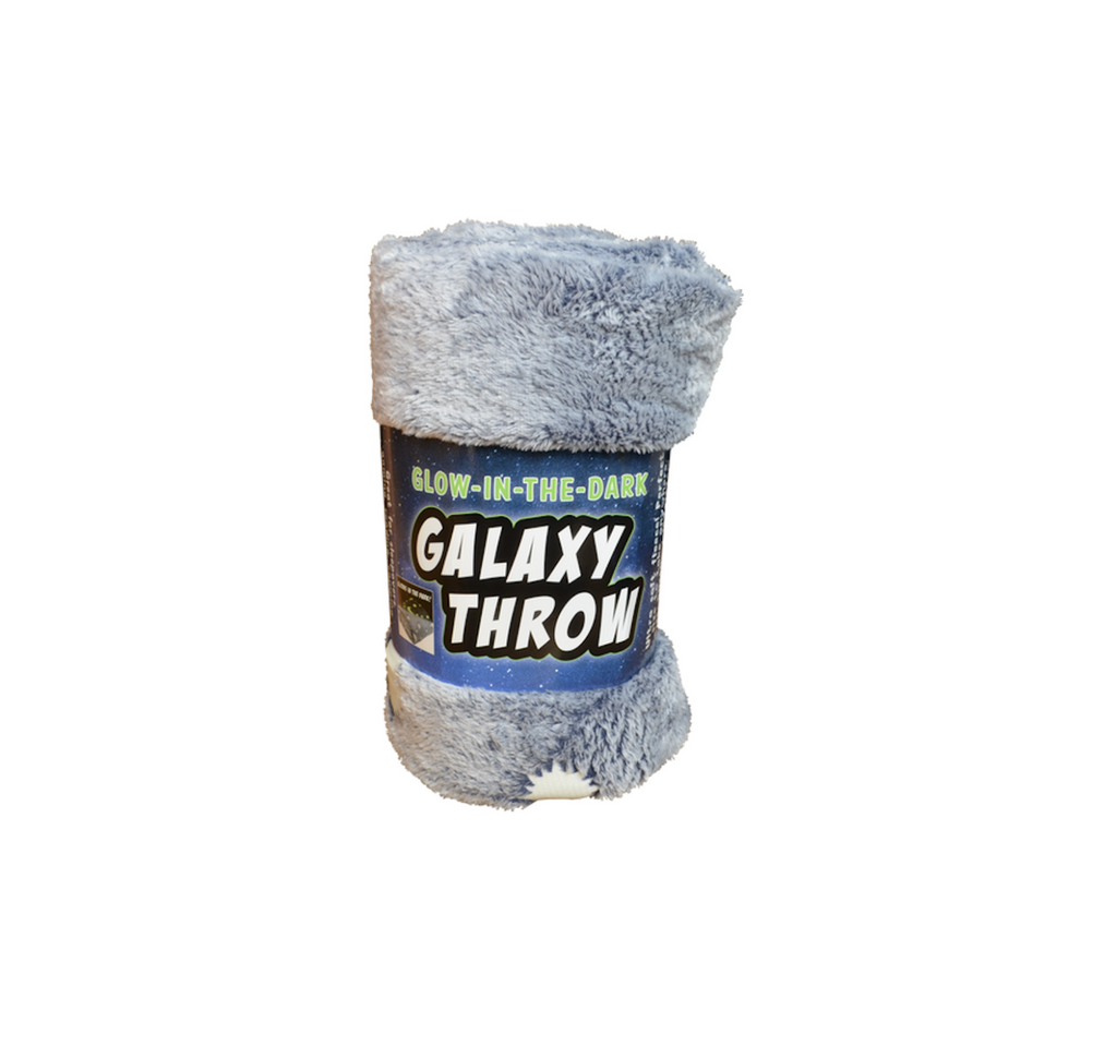 Glow in the dark fleece Galaxy Throw rolled up and packaged in a wrapper.  